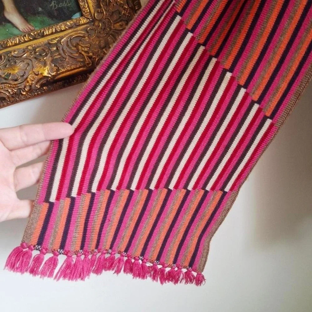 Pink Multicolor striped knit Echo‎ scarf with fringe colorful funky luxury